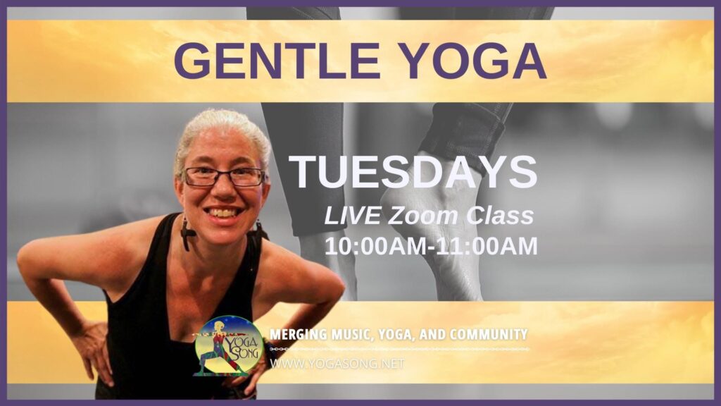 Image with gray backdrop shows Rachel, a white woman with glasses and gray hair pulled back leaning towards the camera. The Text Gentle Yoga has purple letters on a yellow background.