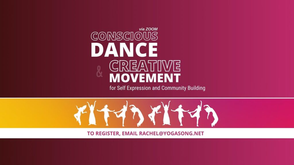 White silhouettes of people dancing against a dark pink background with white lettering Conscious Dance, Creative Movement