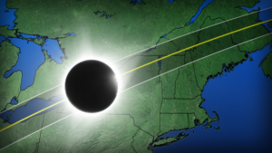 A map of the Mid Atlantic States shows the Moon eclipsing the Sun