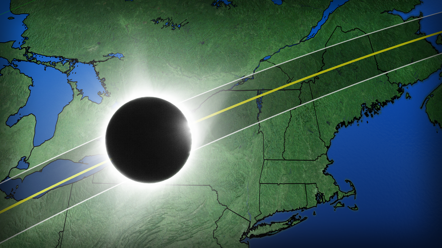 A map of the Mid Atlantic States shows the Moon eclipsing the Sun