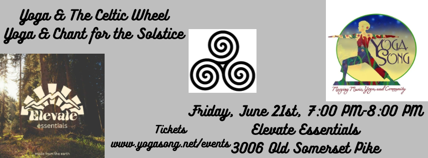 Gray background with both YogaSong and Elevate Essentials Logos. Black text on gray background gives the date, time and description of the event.