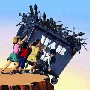 Children of various ethnicities pushing a large bin of weapons off a cliff.