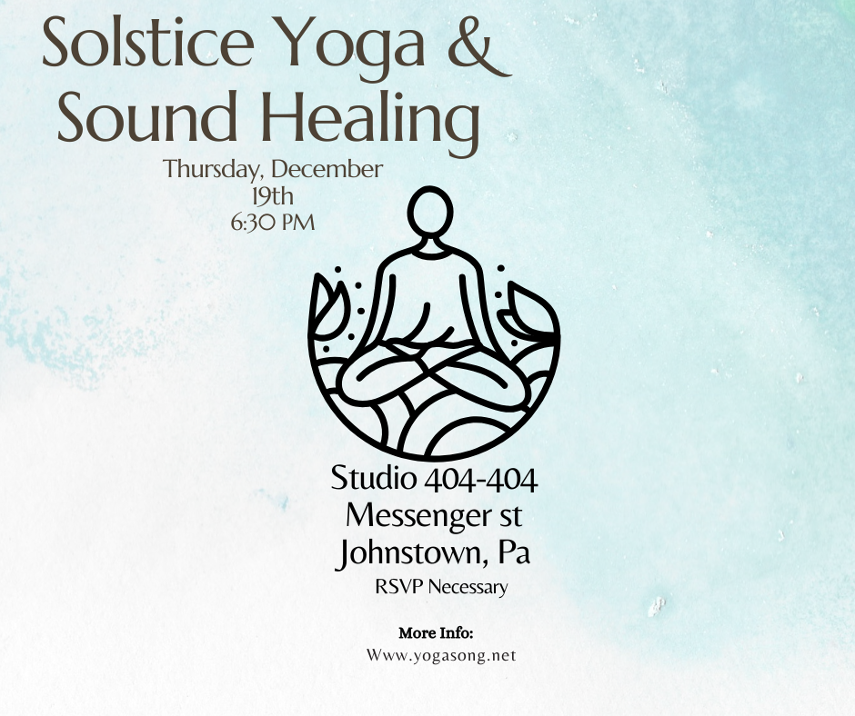 Blue green white background with graphic of Yoga person sitting cross legged. Black Wording Solstice Yoga & Sound Healing